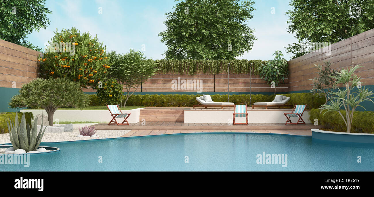 Luxury garden on two levels with large pool and lush vegetation 3d