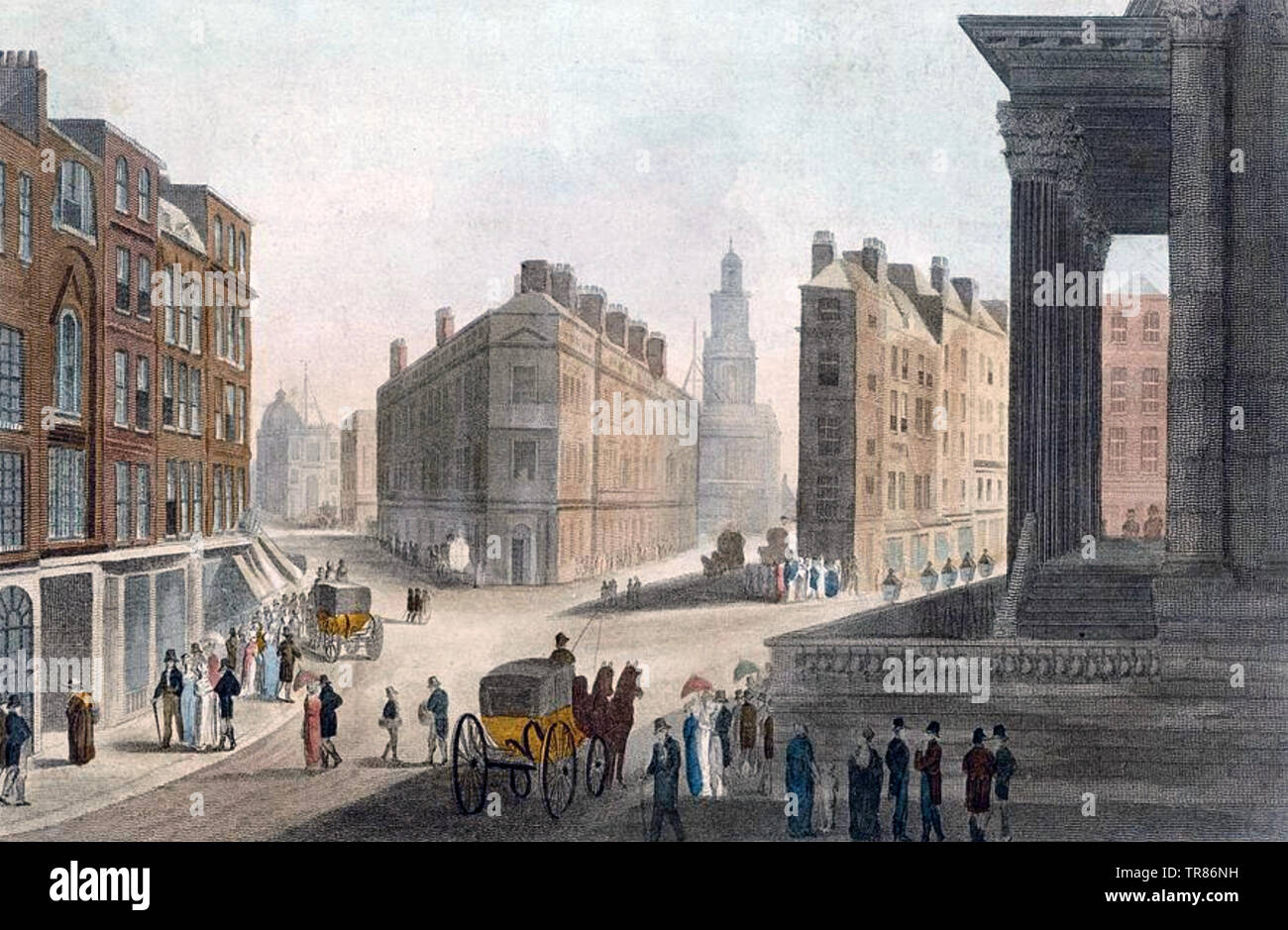 CORNHILL STREET,LONDON about 1750 looking east with Threadneedle Sttreet at left, Cornhill centre and Lombard Street at right. Stock Photo