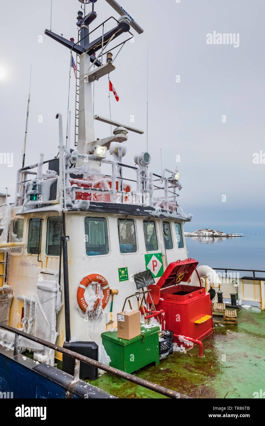 Ferry Marine Voyager, which takes foot passengers and cargo between Burgeo  and the outports of Grey River and Francois, Newfoundland, Canada Stock  Photo - Alamy