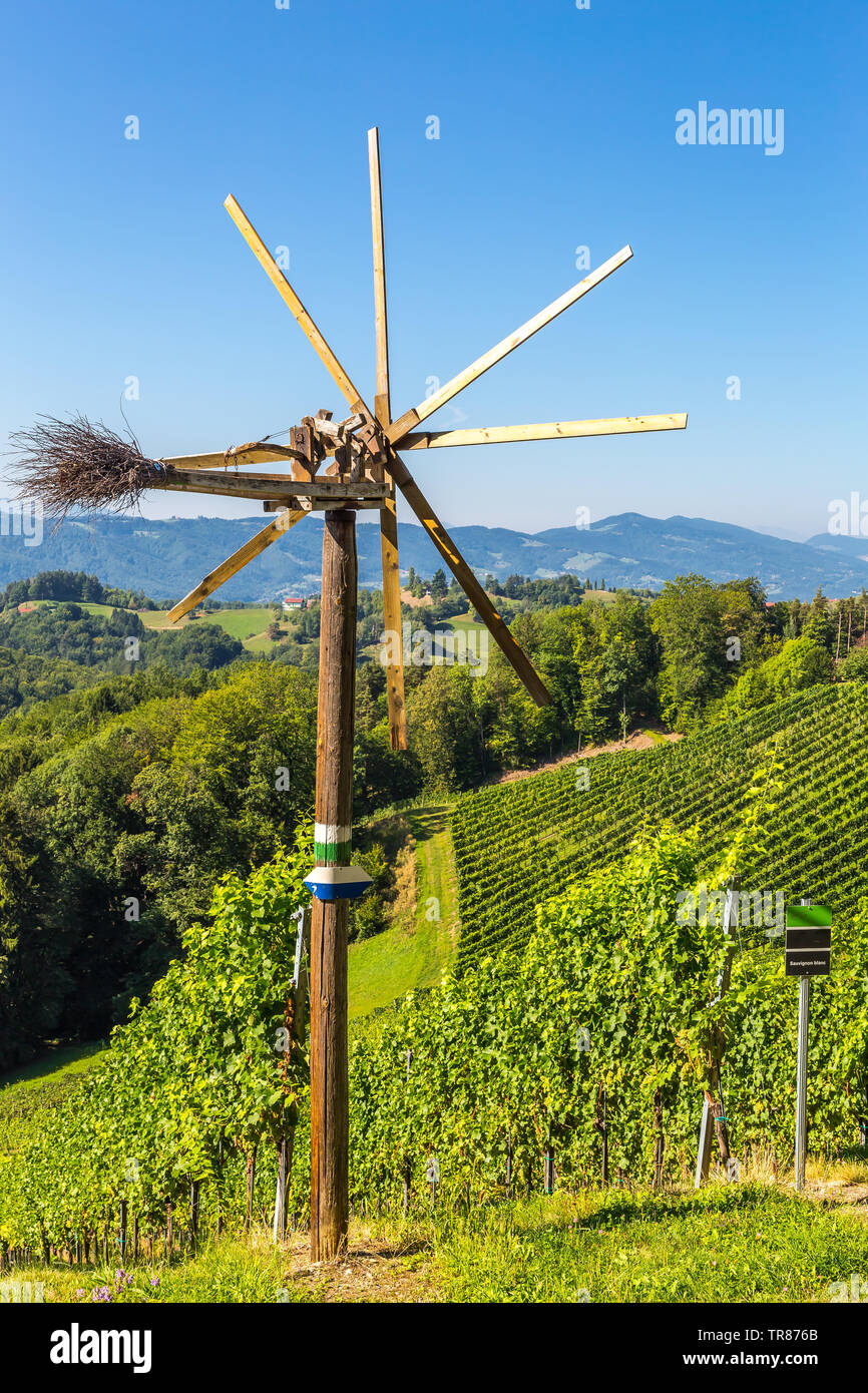 Windmill at vinyard in Southern Styria, Austria Stock Photo