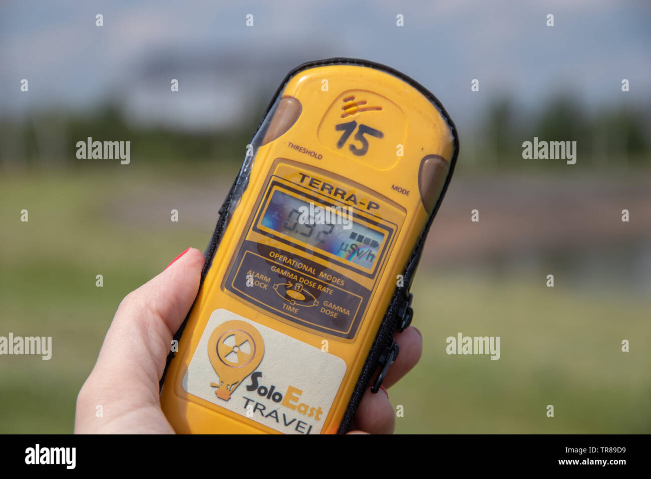 May 2019 – Geiger counter at Chernobyl Nuclear Power Plant, Reactor 4, Chernobyl exclusion zone, Ukraine Stock Photo