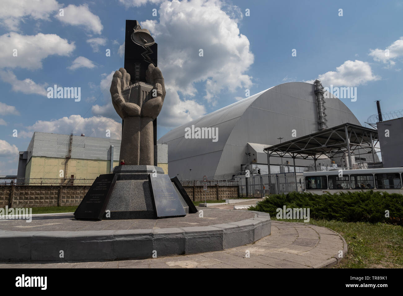 Monument to the Chernobyl Victims at Chernobyl Nuclear Power Plant, Reactor 4, Chernobyl exclusion zone, Ukraine Stock Photo