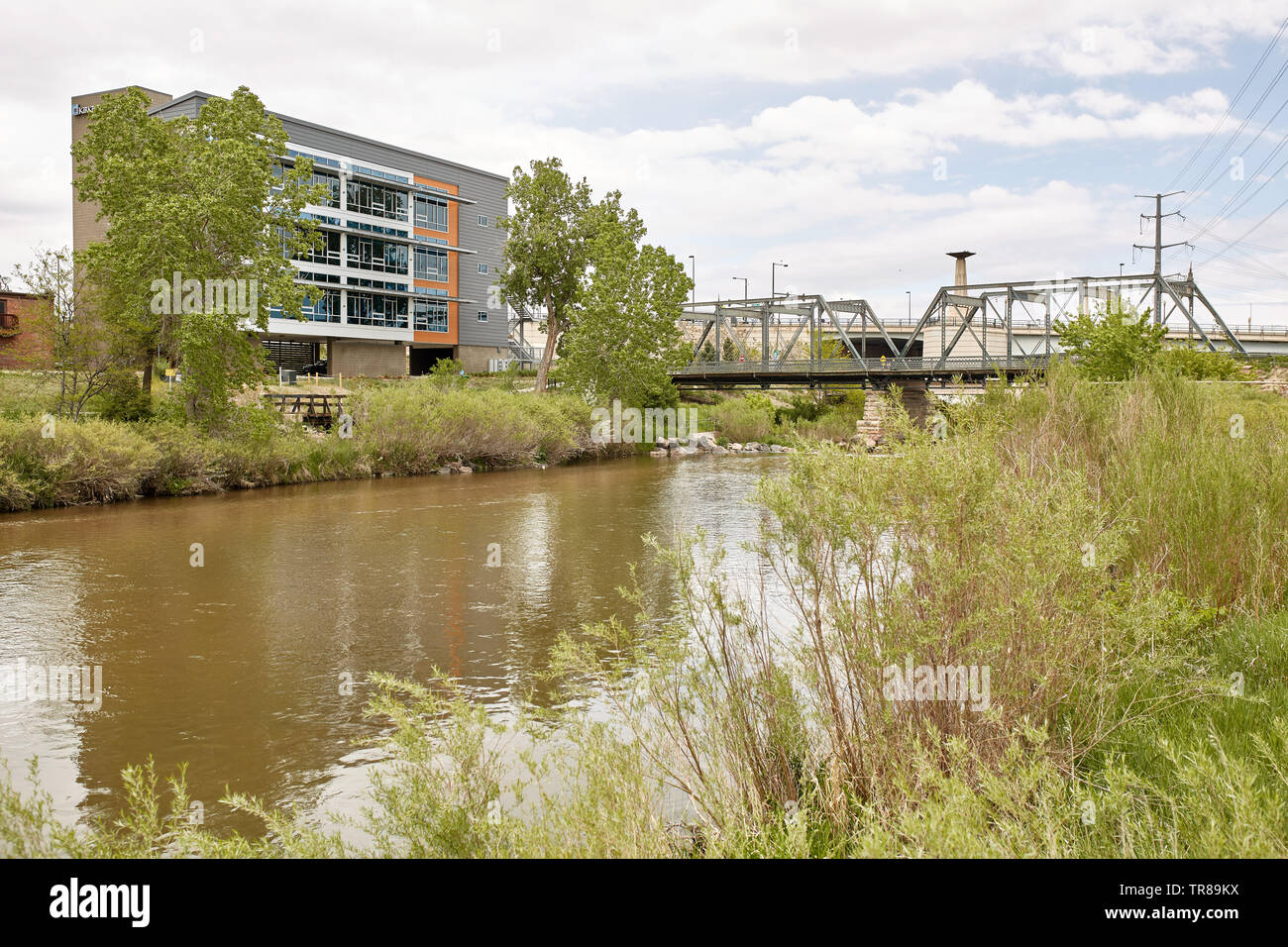 Condos and highrise buildings near Platte River at Confluence Park in