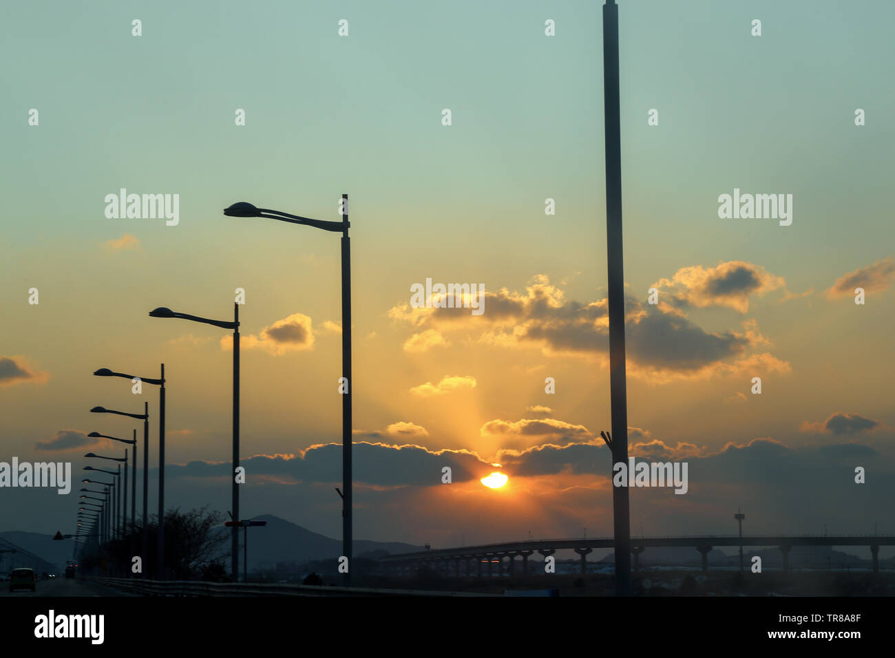Sun is setting on the way to Incheon international airport, Incheon South Korea Stock Photo