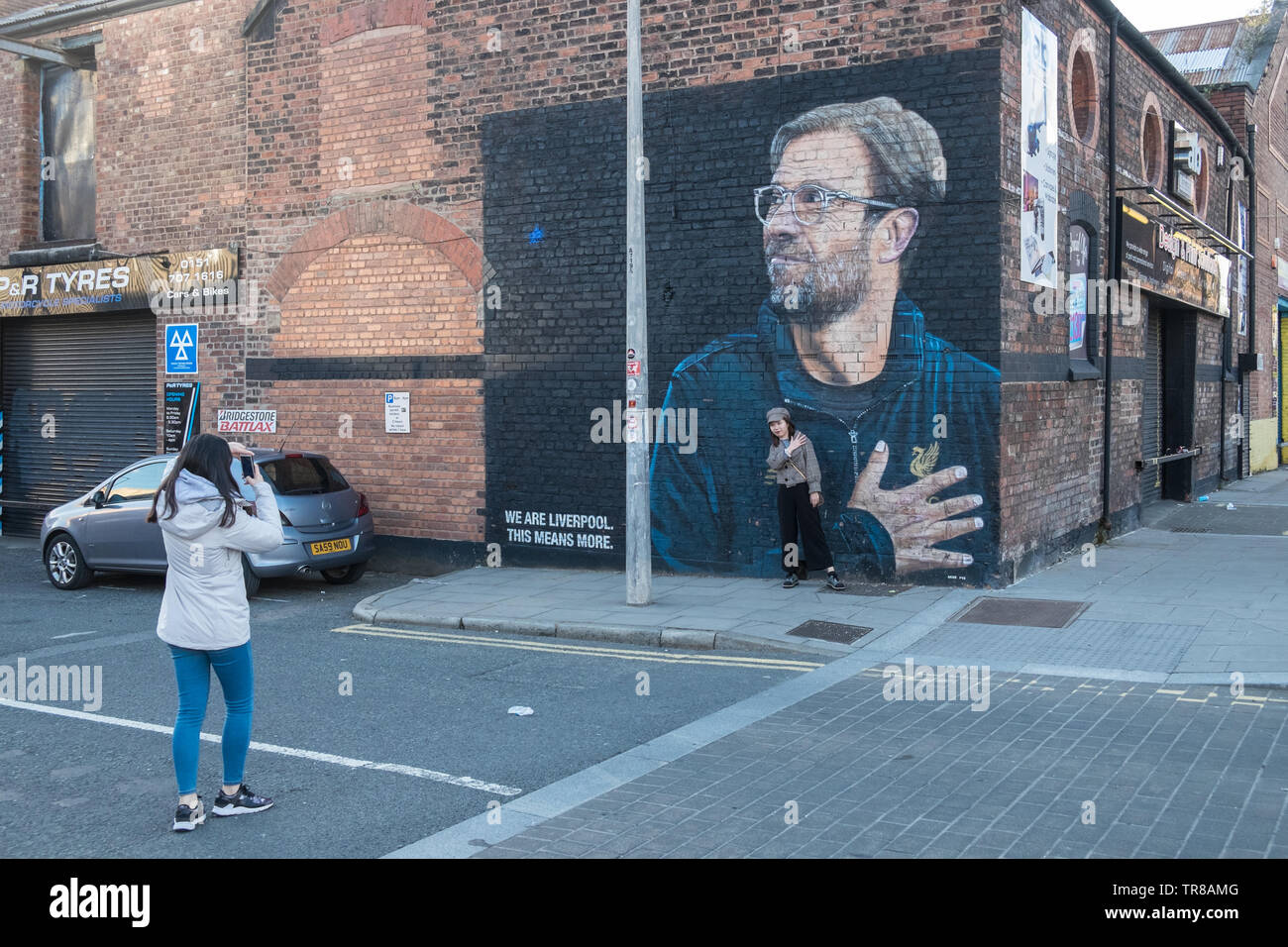 Large,huge,mural,street,art,of,Liverpool,football,LFC,manager,German,Jurgen Klopp,on,wall,on,side,of,Jamaica Street,Baltic Triangle,Liverpool,England Stock Photo