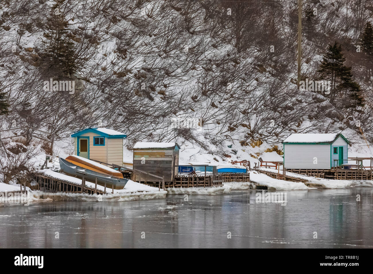 Structures of the outport of Grey River, which is snuggled along a fjord, viewed from the ferry Marine Voyager, Newfoundland, Canada Stock Photo