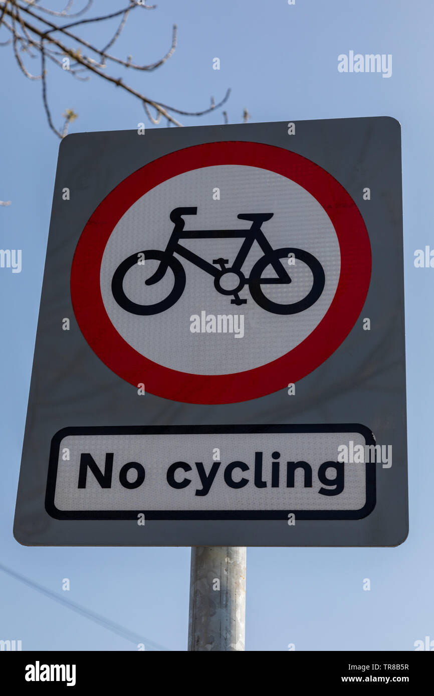 Rectangular sign banning cycling in Widnes town centre April 2019 Stock Photo