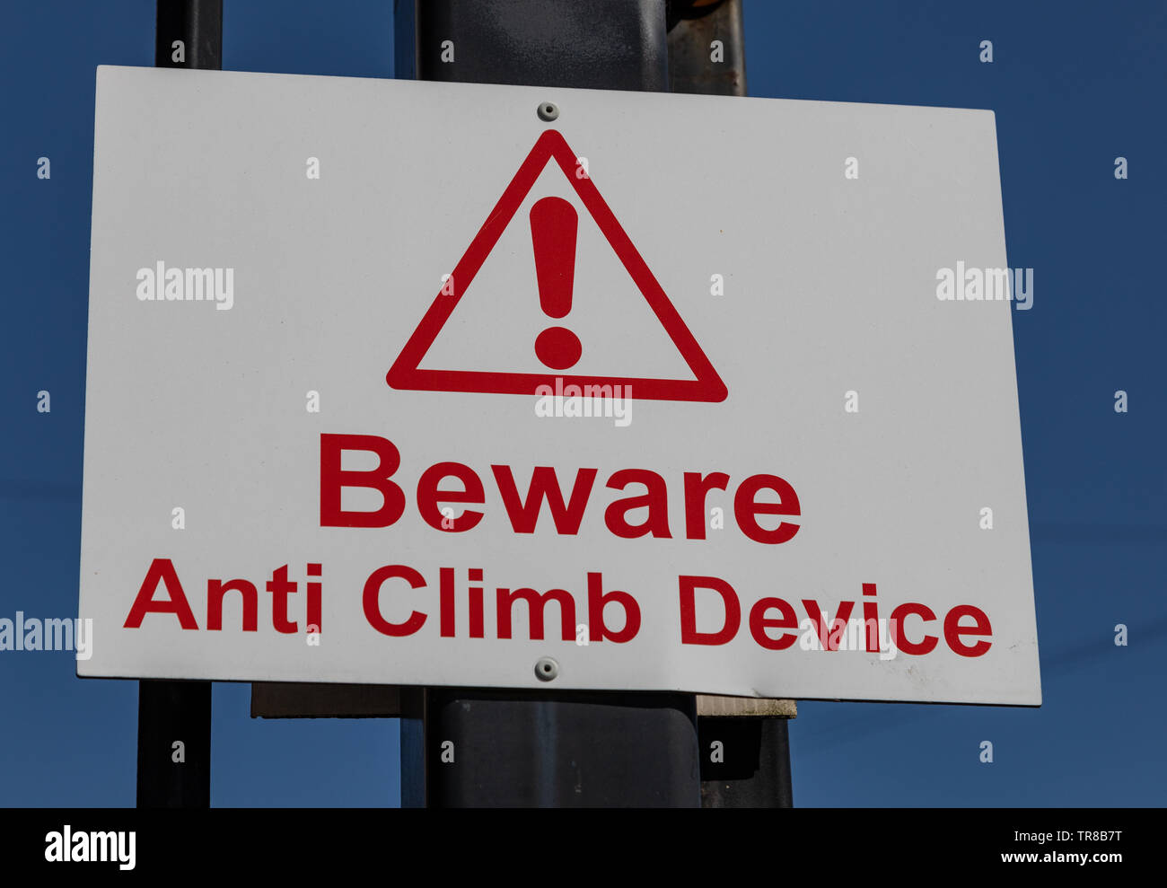 Rectangular  sign warning of anti climb device Widnes April 2019 Stock Photo