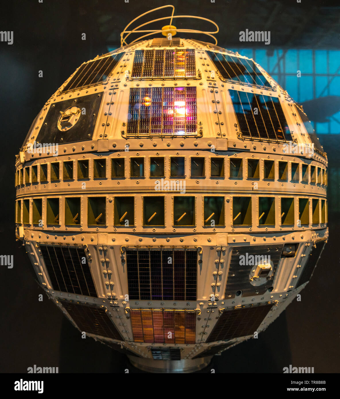 Telstar 1 - first active communications satellite, began an era of live international television after its launch on July 10, 1962. Stock Photo