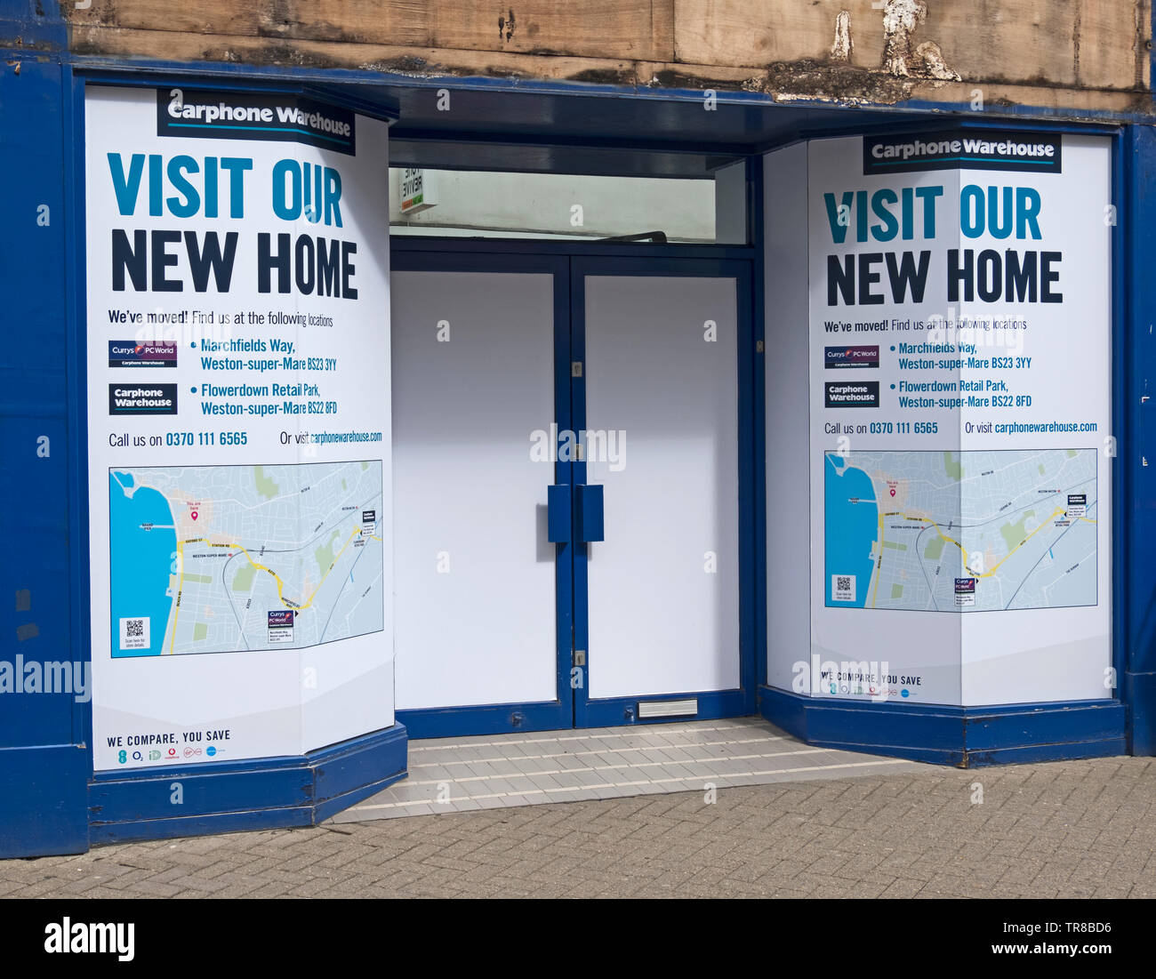 An empty Carphone Warehouse shop in Weston-super-mare, UK. The shop closed  on 15 May 2019, but the company has two other shops in the town Stock Photo  - Alamy