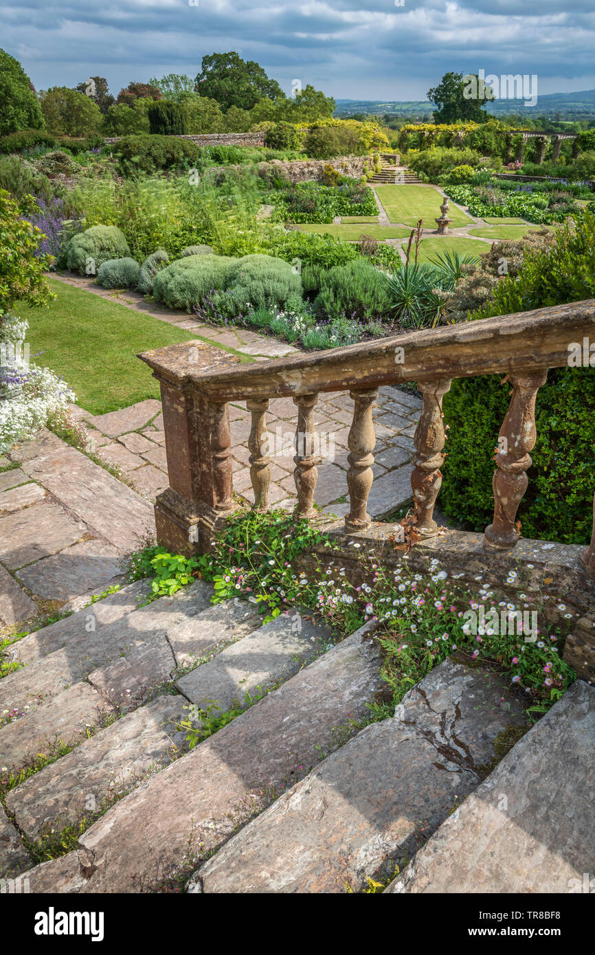 One of the attractive set of steps on the Victorian Terrace at Hestercombe House and Gardens near Taunton in Somerset. Stock Photo