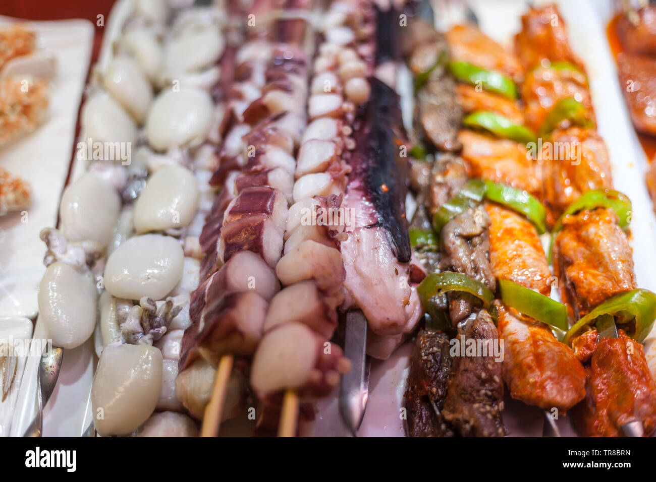 seafood octopus tentacles on sticks, fresh octopus on a stick Stock