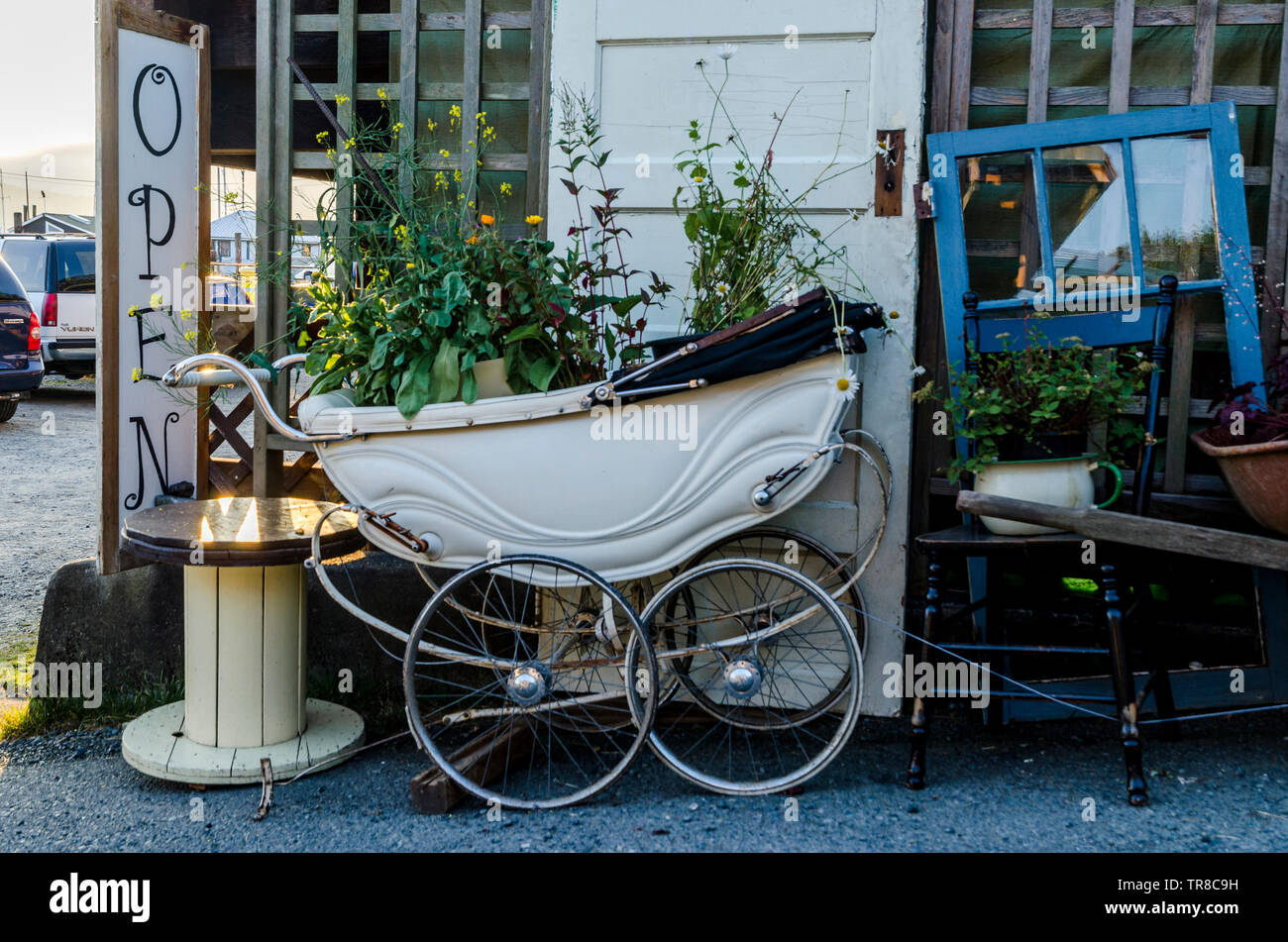 Old pram, Cowichan Bay, Vancouver Island, British Columbia, Canada Stock Photo