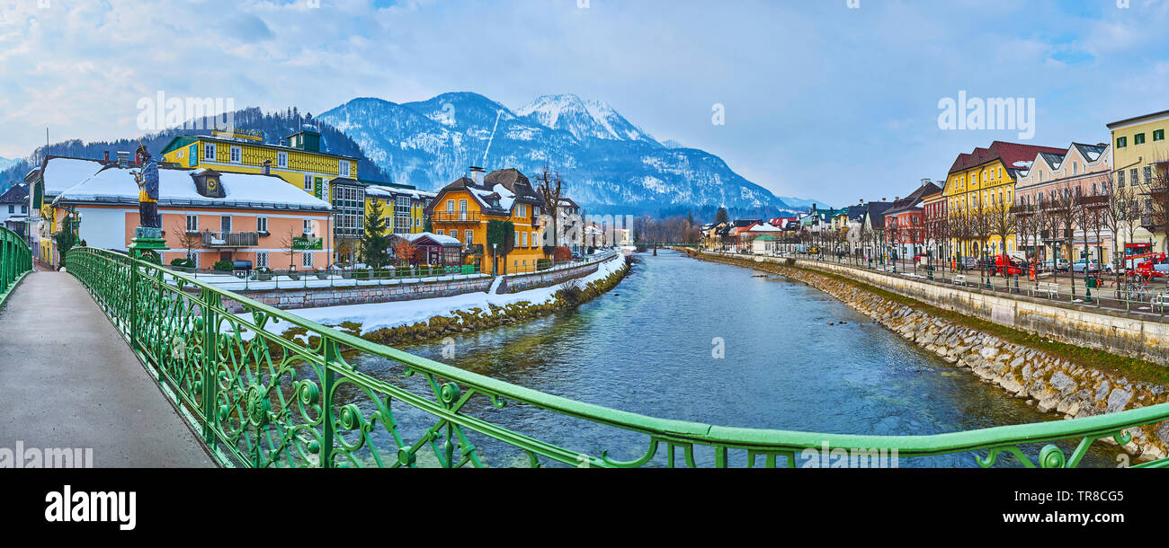 BAD ISCHL, AUSTRIA - FEBRUARY 20, 2019: Panorama of the old town from the Elizabeth bridge with a view on housing, Katrin mount and Traun river, on Fe Stock Photo