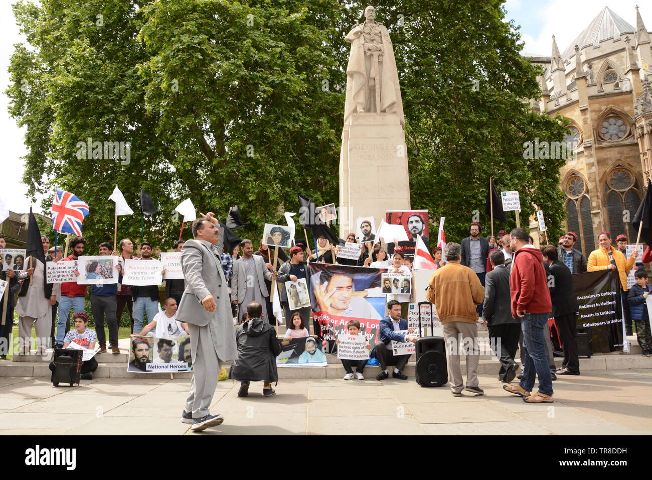 Pashtun Tahafuz Movement protest against the Pakistan Army outside the Houses of Parliament in London, 30th May 2019 Stock Photo