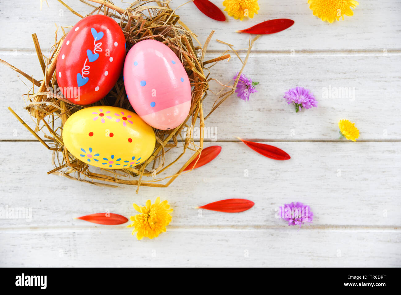 Easter eggs in a nest decoration with colorful flowers petal on white ...