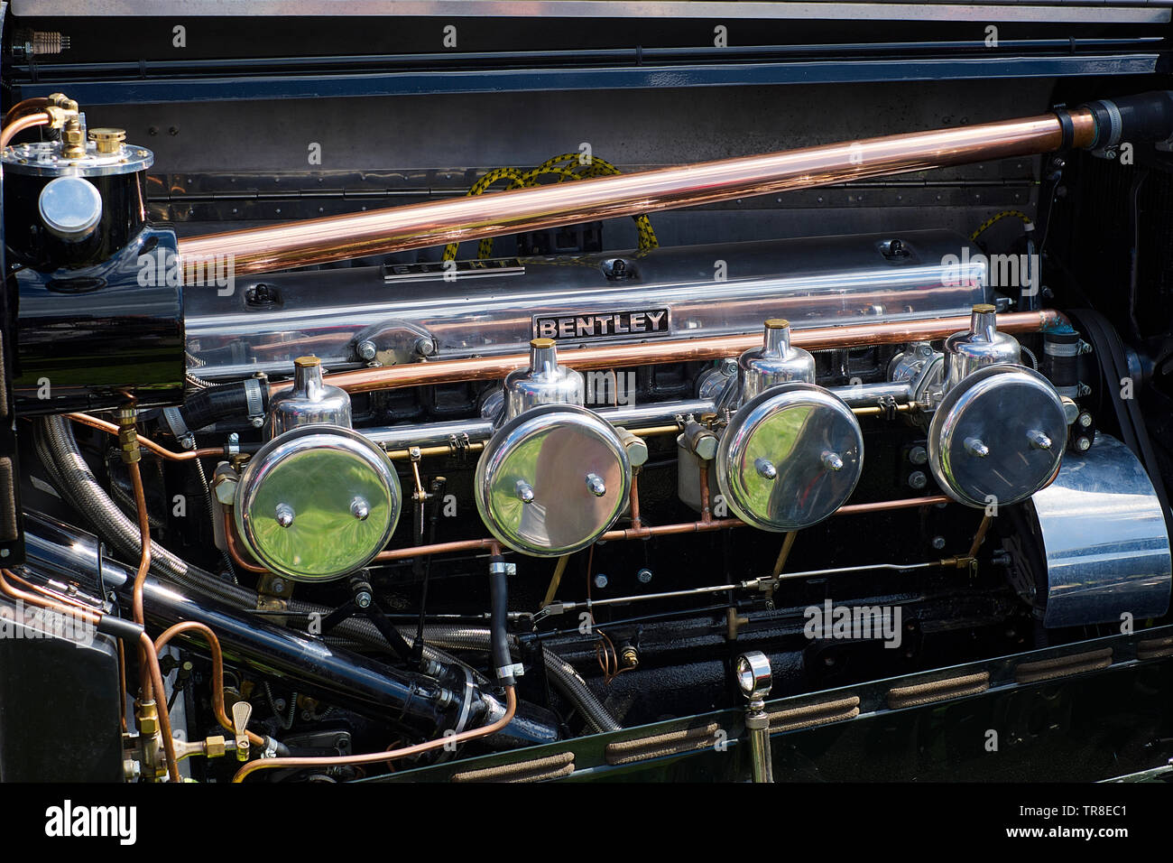 Close-up view of a Bentley 6 litre engine at the Classic and Vintage Car Show on the Wells Cathedral Green. Stock Photo