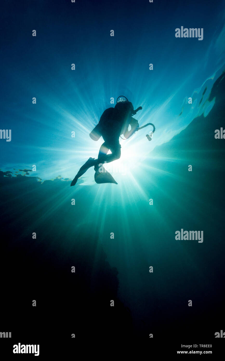 Scuba Diver Silhouetted against Sunburst Stock Photo