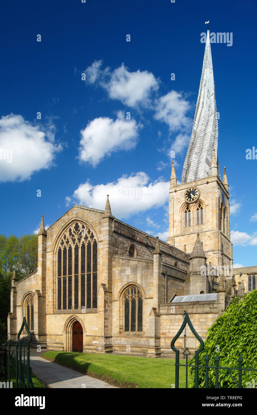 UK,Derbyshire,Chesterfield,Church of St Mary and All Saints famously referred to as The Crooked Spire Stock Photo