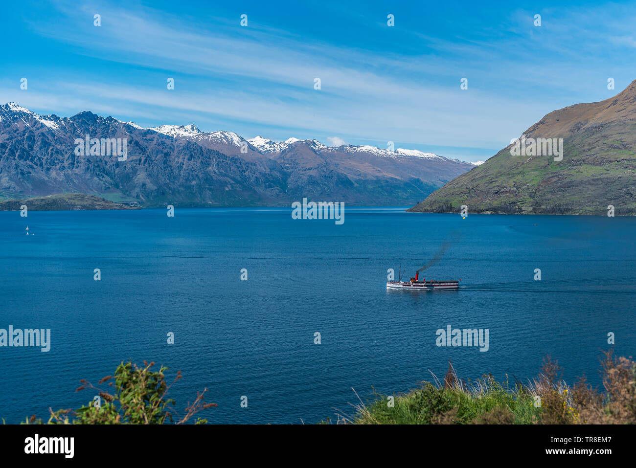 View of the landscape of the lake Wakatipu, Queenstown, New Zealand. Copy space for text Stock Photo