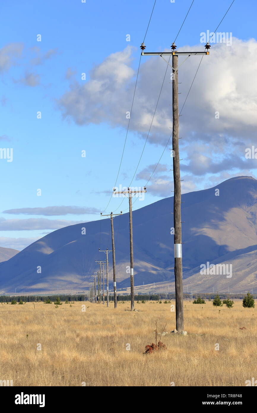 Powerlines, Mackenzie Country, New Zealand Stock Photo