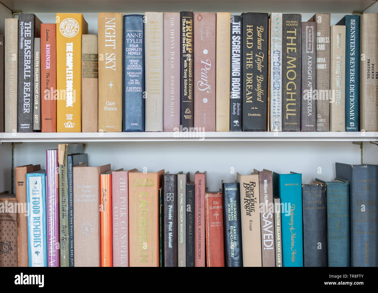 two shelves of hard back books with various titles in a library. Stock Photo