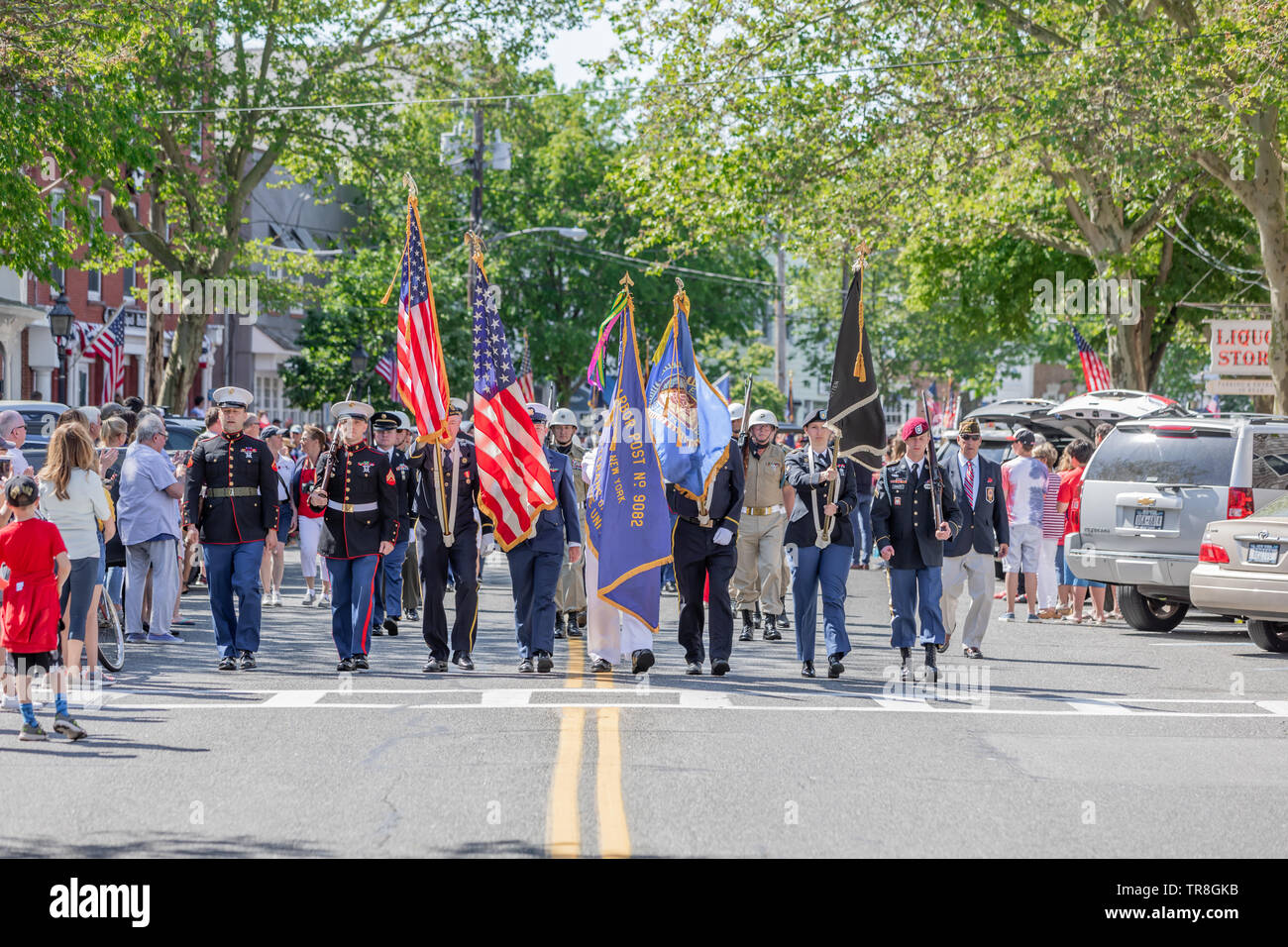 Soldiers marching in the Sag Harbor Memorial Day Parade in Sag Harbor, NY Stock Photo