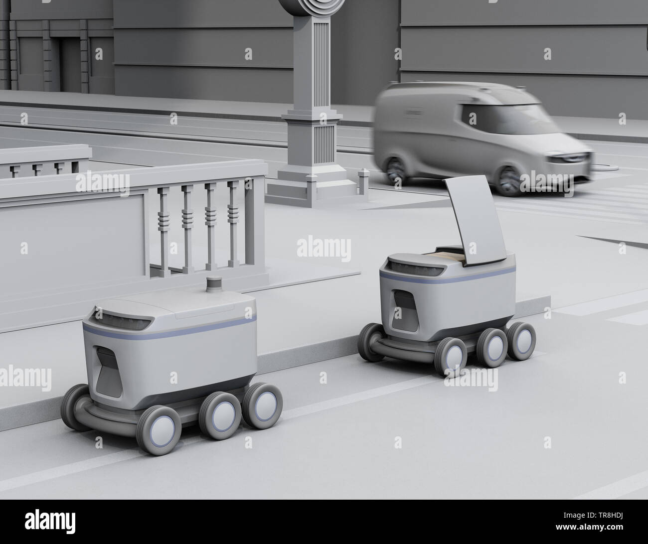 Clay rendering of self-driving delivery robots and delivery van on the street. 3D rendering image. Stock Photo
