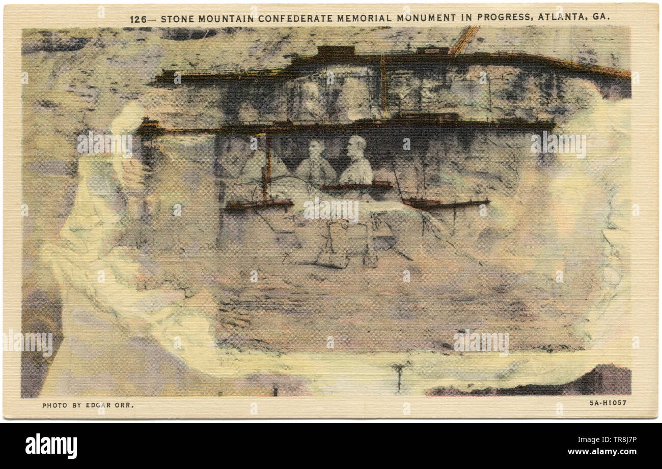 Early view of the partially carved Stone Mountain Confederate Memorial near Atlanta, Georgia. Photo from late 1920s shows head of General Robert E. Lee with outline of Jefferson Davis and Lee's horse, Traveller. Stock Photo