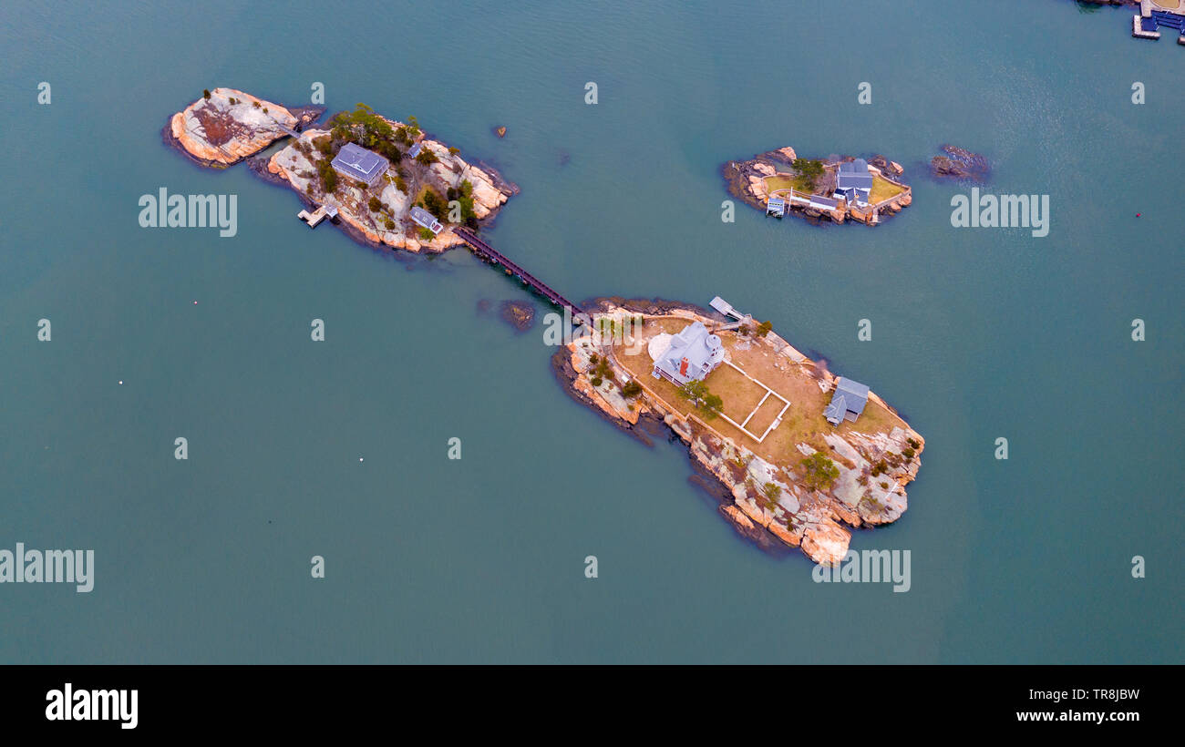 Cut in Two Island East and West, The Thimble Islands, or the Thimbles,  Long Island Sound, Branford, CT Stock Photo