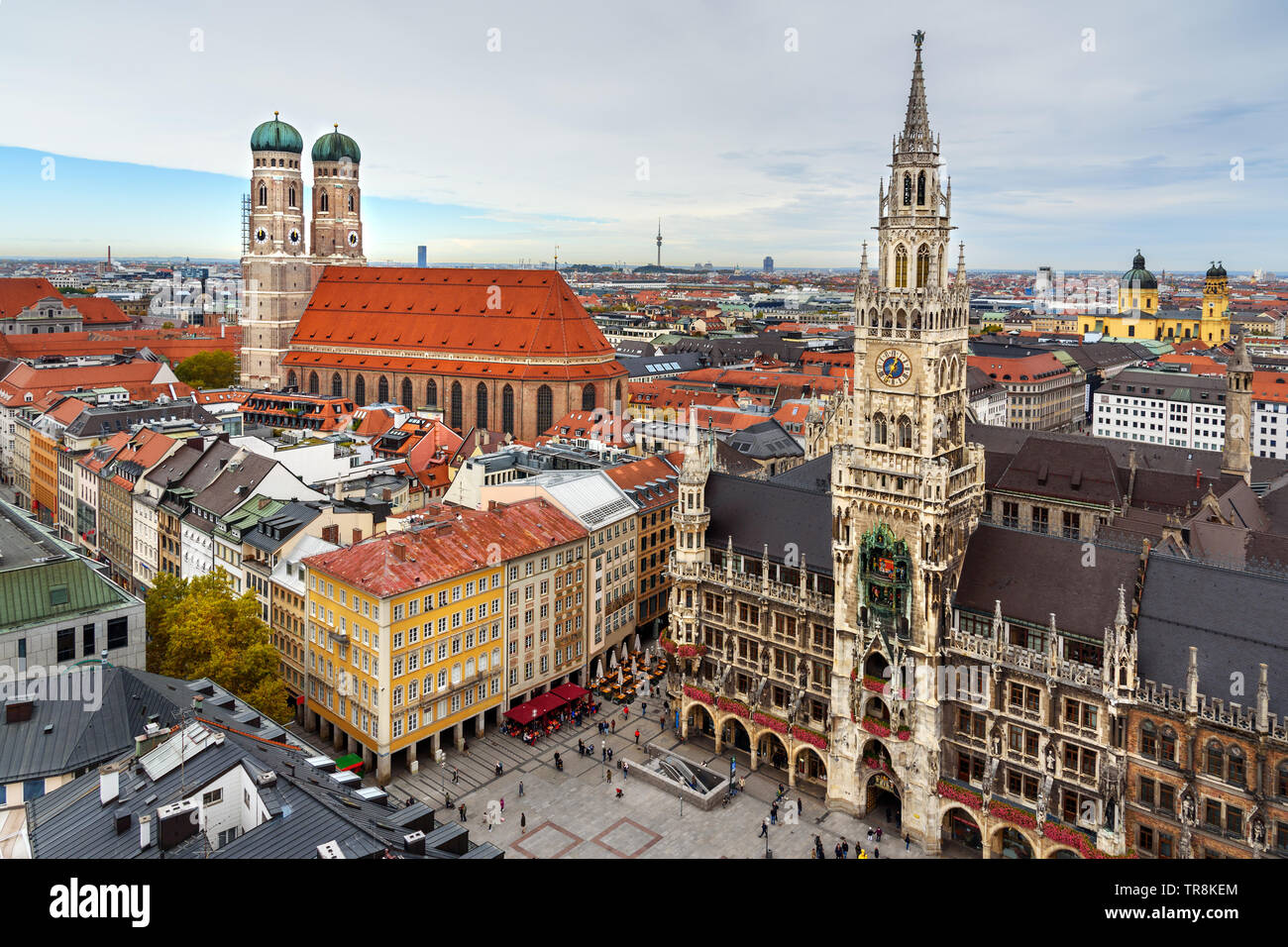 Aerial cityscape of Munich historical center with New Town Hall on Marienplatz and Frauenkirche. Munich. Germany Stock Photo