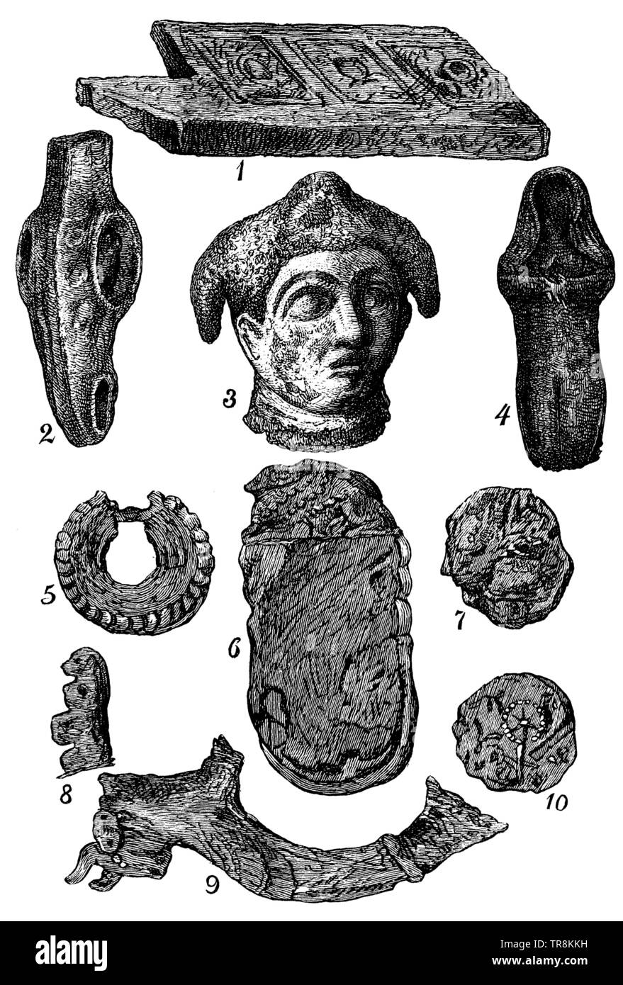 Babylonian antiquities. 1. threshold of the palace of Nebuchadnezzar; 2 and 4 axes; 3 stone head; 5 silver ornaments; 6 stone with sphinx-like figure; 7 and 10 coin (front and back); 8 figure of a monkey; 9 silver handle from a drinking vessel, ,  (encyclopedia, 1893) Stock Photo
