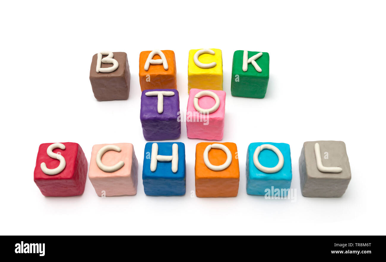 Coloreful blocks made of modeling clay with letters, put in words back to school Stock Photo