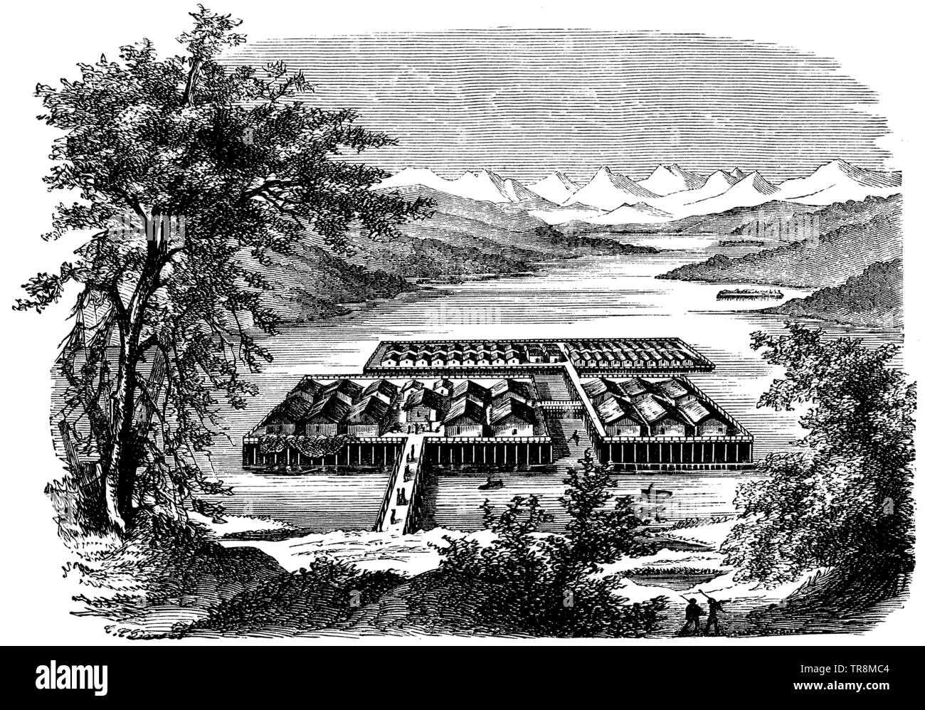 Reconstructed pile village in Lake Zurich, ,  (anthropology book, 1894) Stock Photo