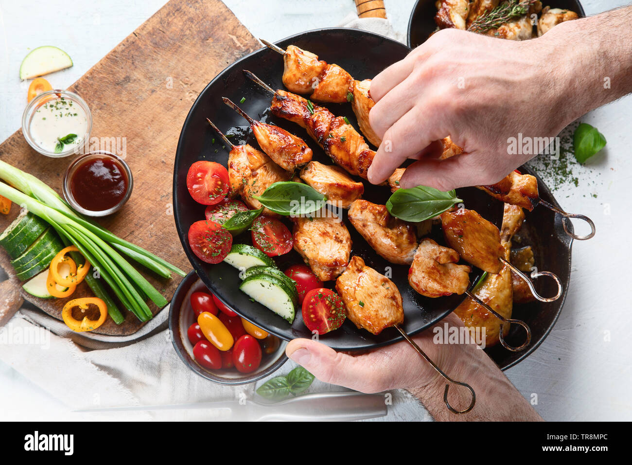 Chicken in Skewered on the Stove. Top View Stock Photo - Image of cuisine,  cooking: 218250888