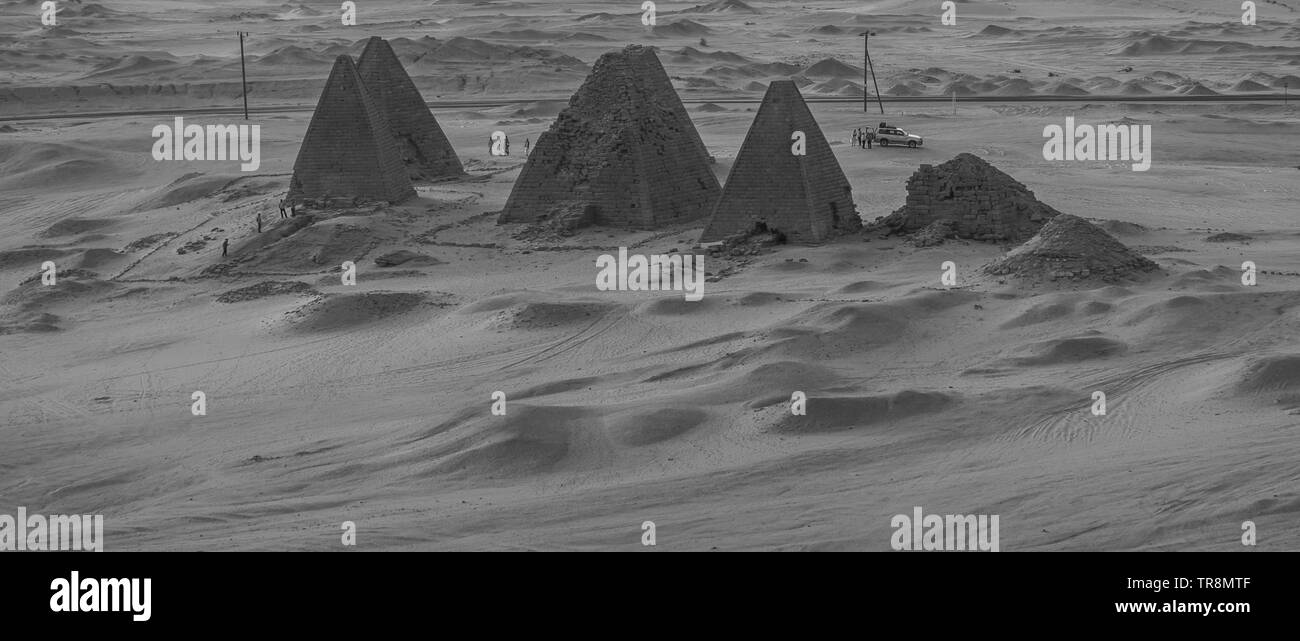 Black and white photo from above of the pyramids near Karima, Sudan, africa Stock Photo