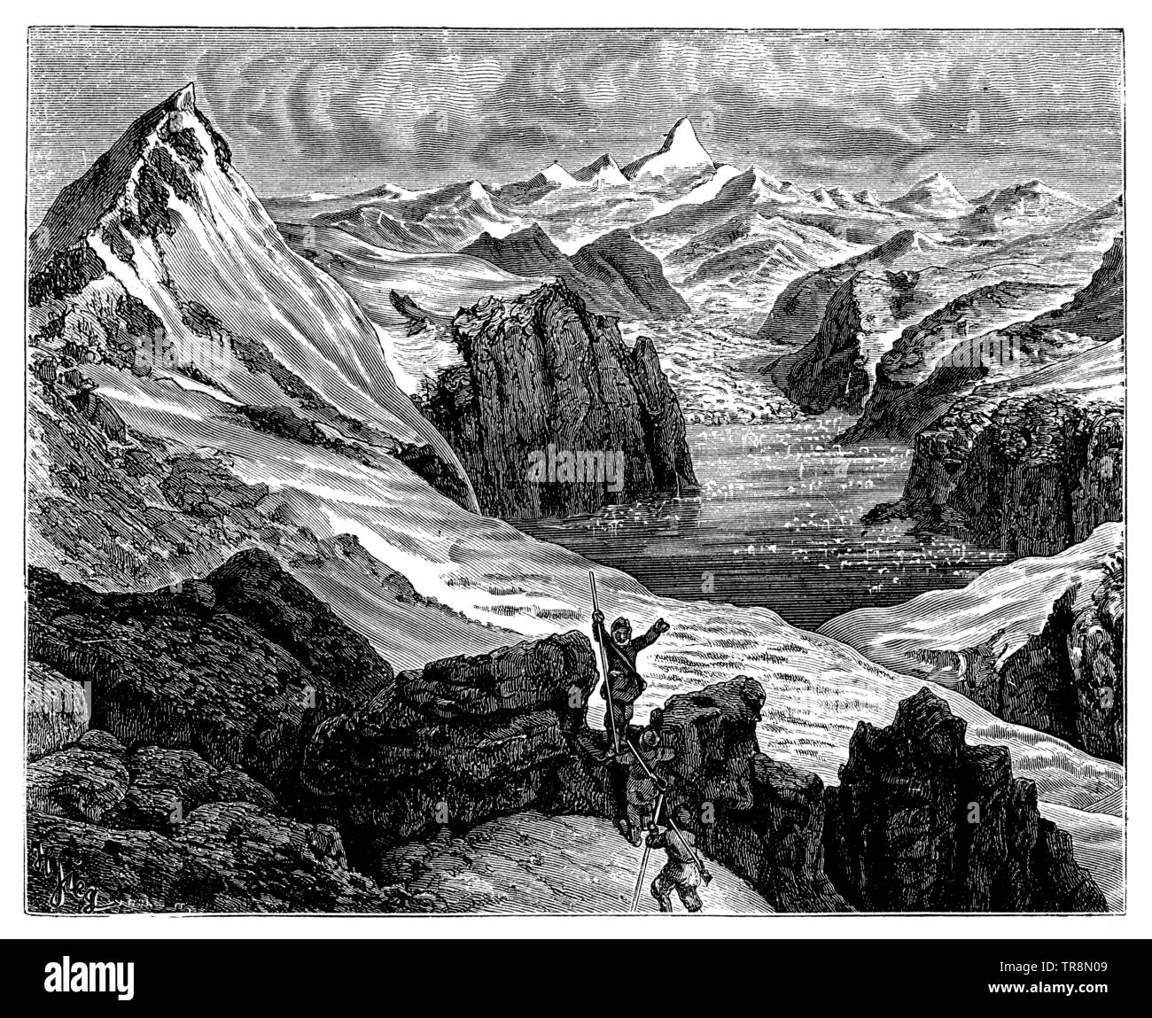 Emperor Franz Joseph-Fjord and Petermannspitze in East Greenland, ,  (geography book, 1904) Stock Photo