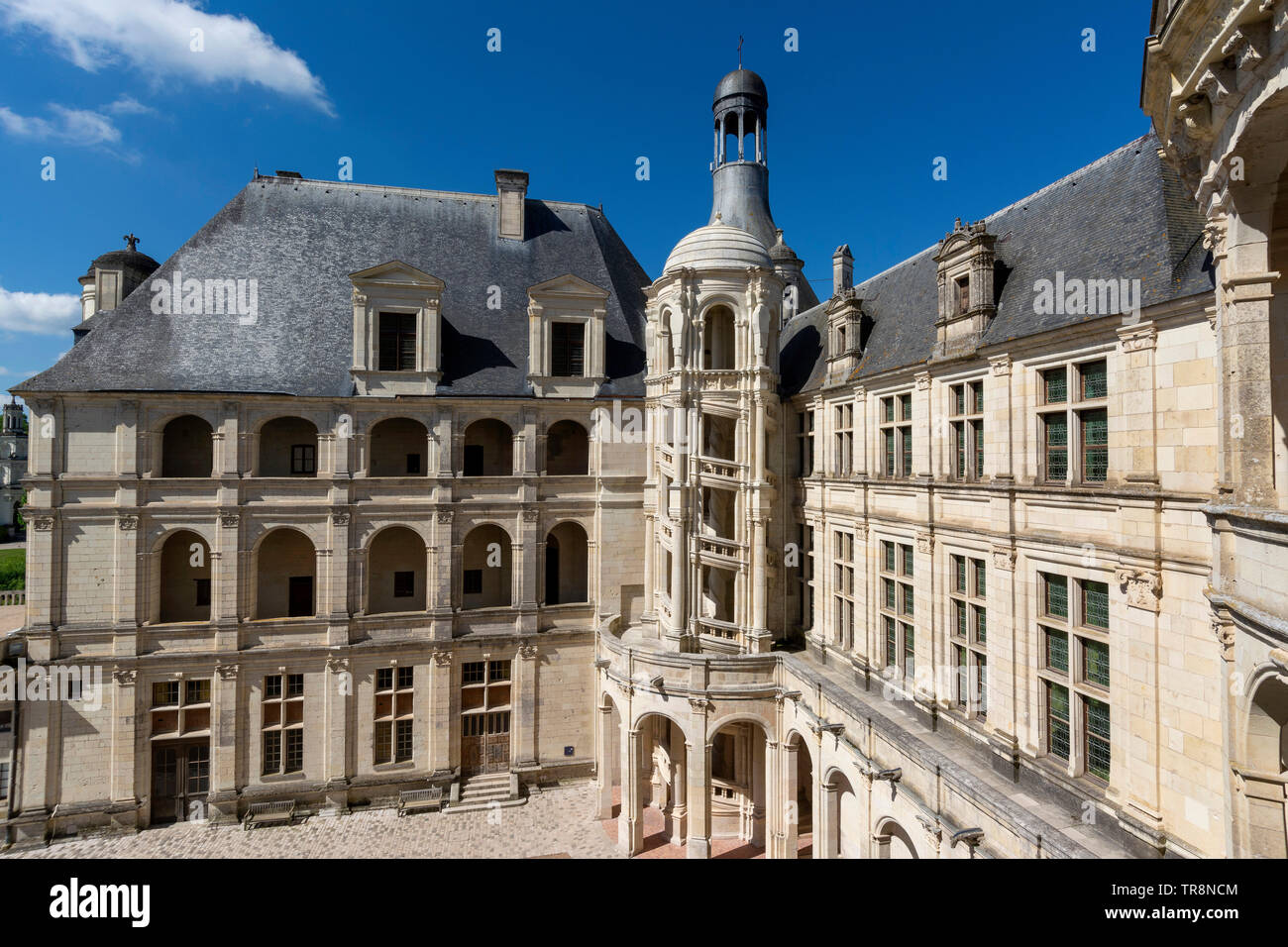 Outside tower of The Royal Chateau at Chambord, , Loire Valley, Loir-et-Cher department, Centre-Val de Loire, France, Europe Stock Photo