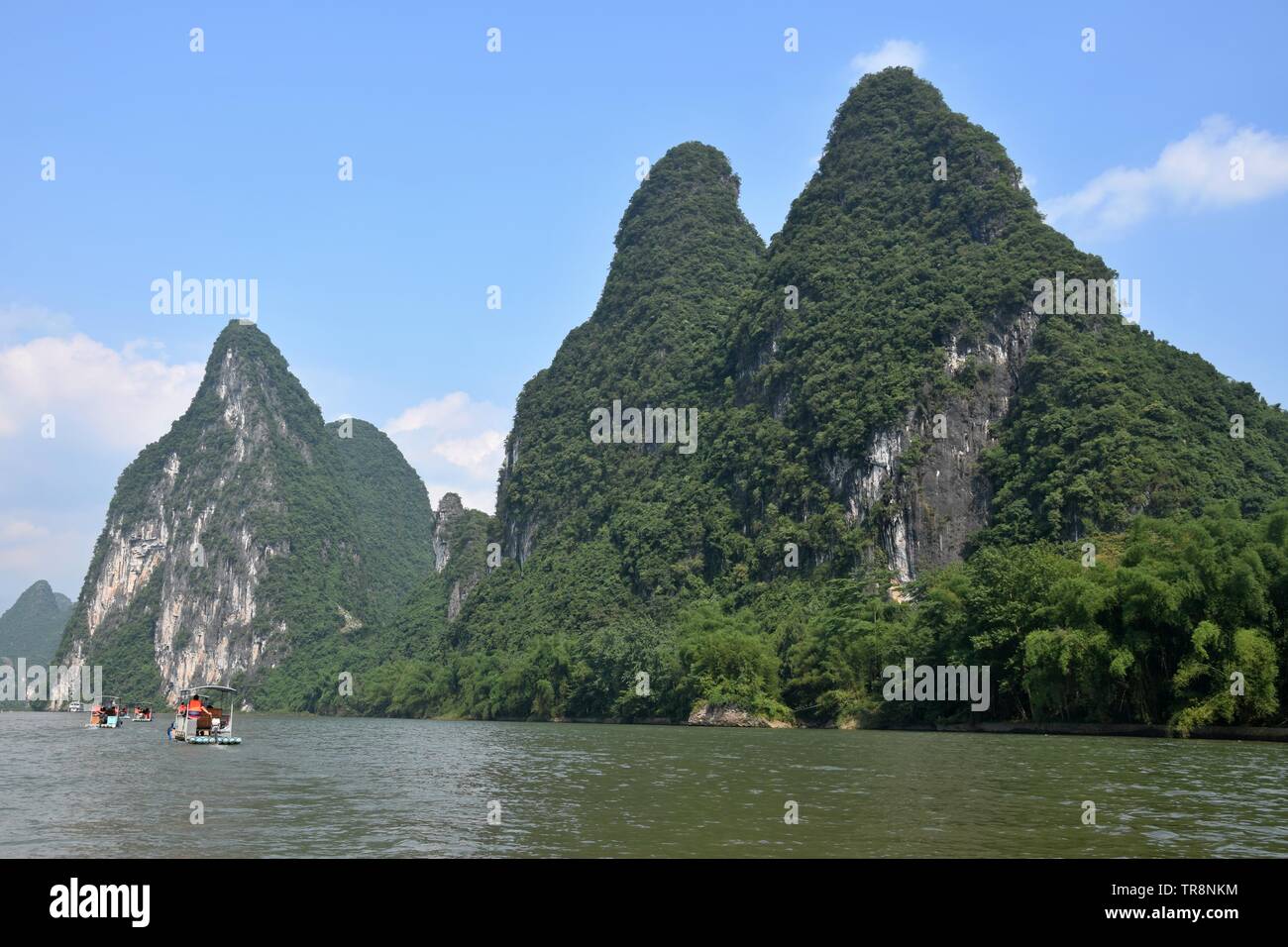 The bamboo rafts on the river Li in the Yangshuo county in China, place ...