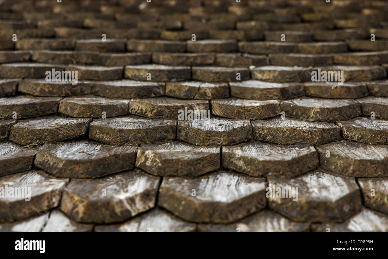Wooden shingles on the wood church of Heddal, Norway Stock Photo