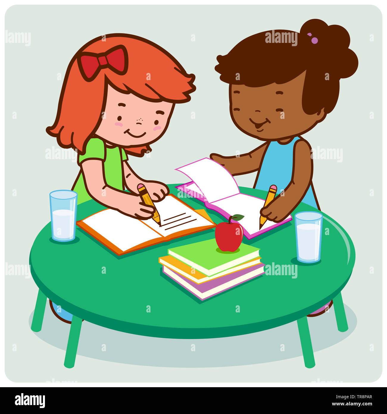Illustration of two female young students doing their homework. Stock Photo