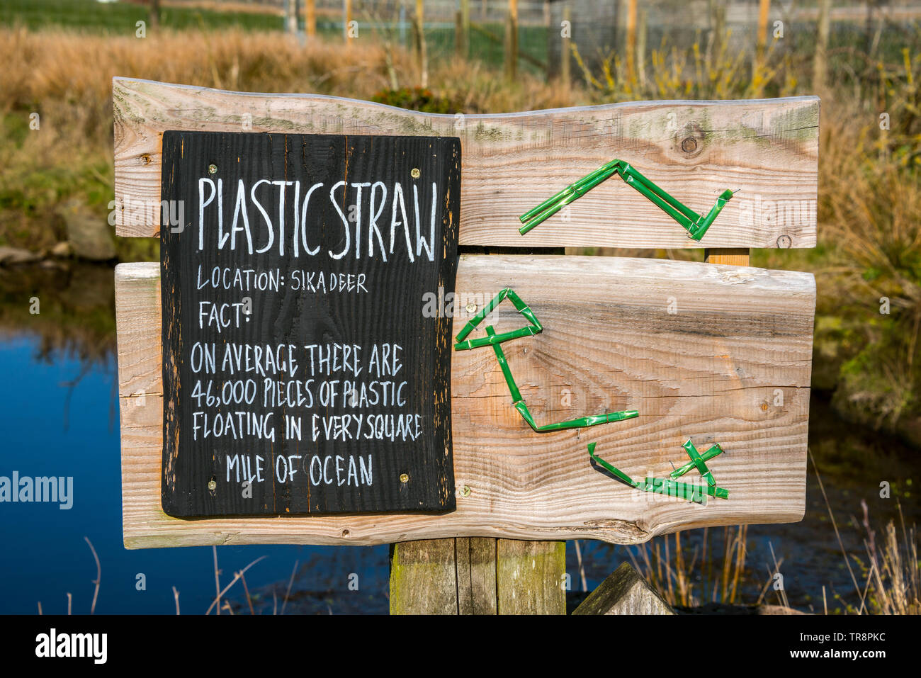 Plastic Waste Awareness Sign, Peak Wildlife Park Stock Photo