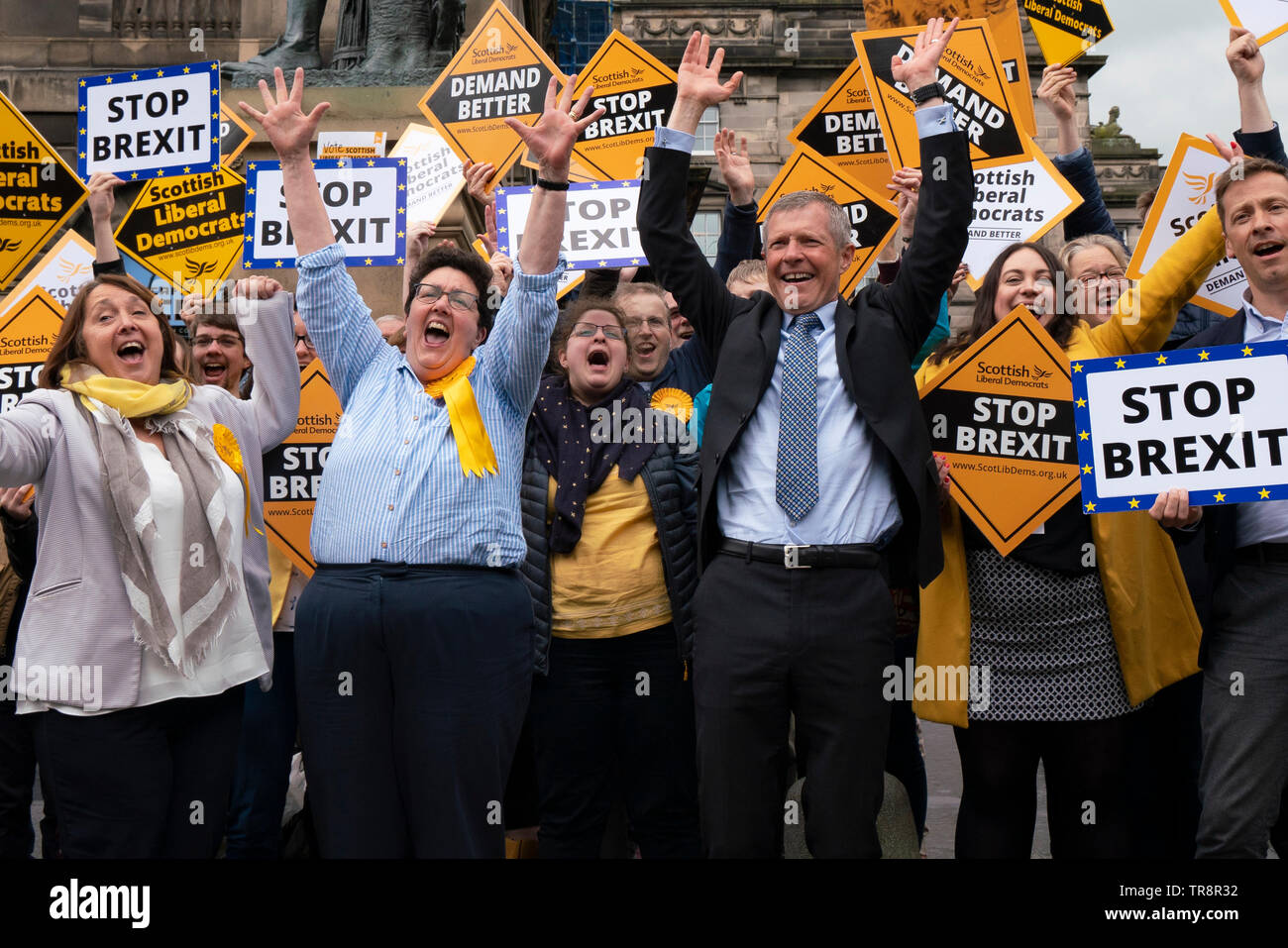 Scottish Liberal Democrats in stop Brexit demonstration in Edinburgh on 27 May 2019. Centre is leader Willie Rennie Stock Photo