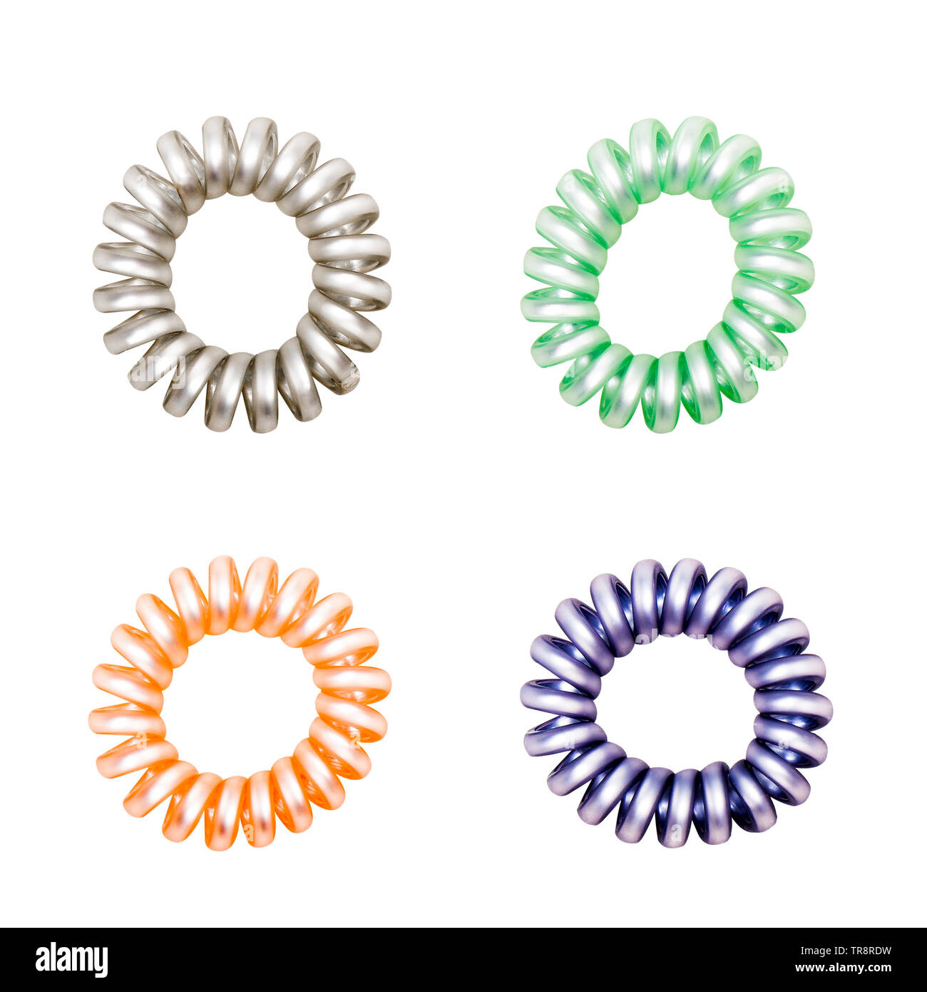 Colorful Hair Band Isolated on White Background with Clipping Path. Closeup of Spiral Four Colorful Rubber Bands for Fashion Accessories. Beautiful Stock Photo