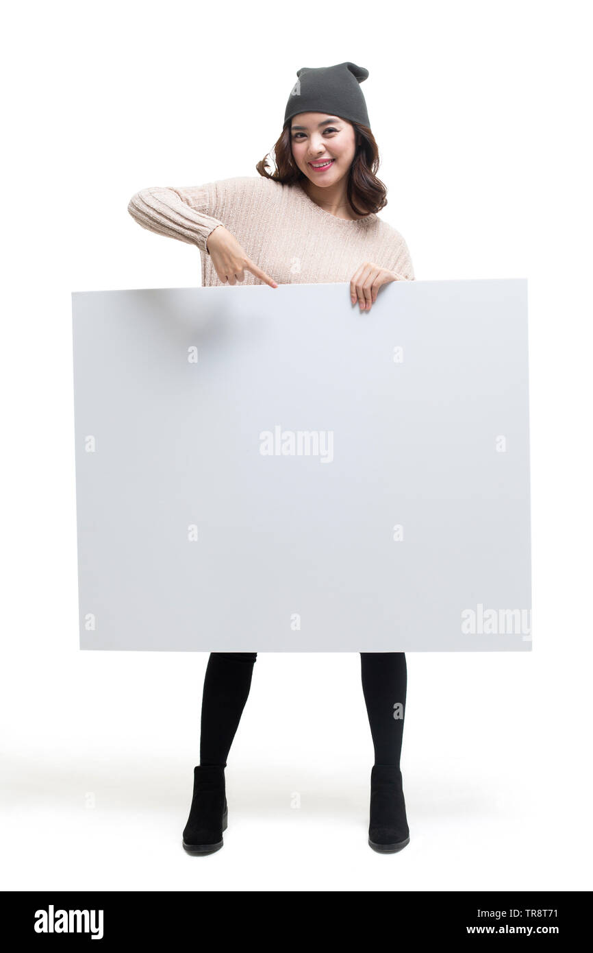 Young woman showing whiteboard Stock Photo Alamy