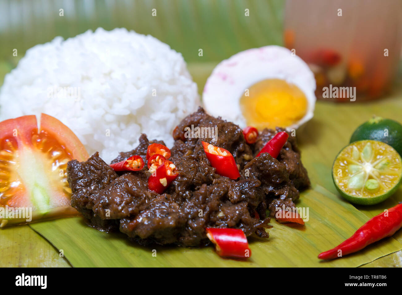Filipino traditional authentic dish: philippine spicy beaf tapa with egg and rice Stock Photo