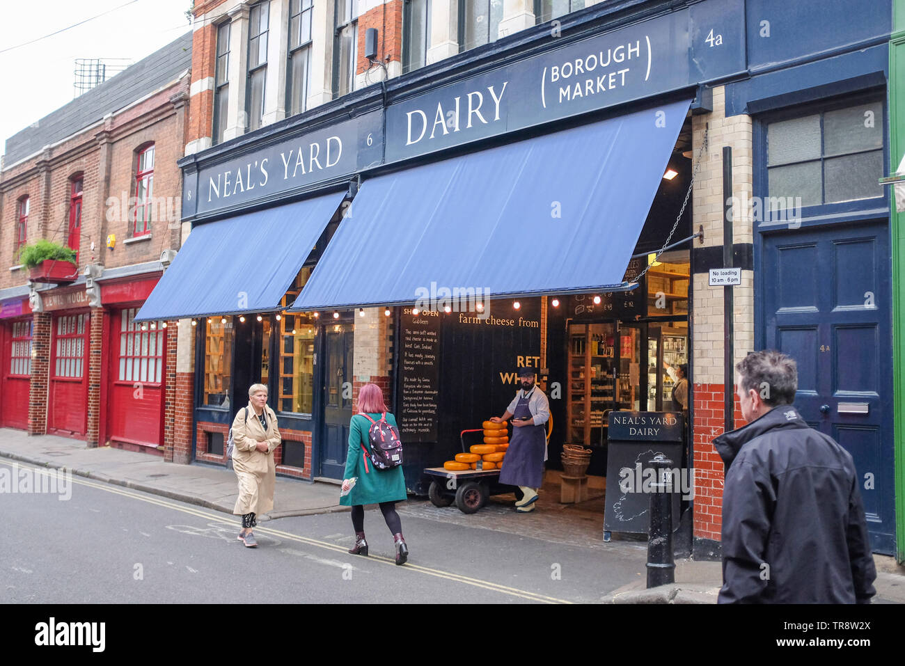 Views around Borough Market in London UK - Neal's Yard Dairy shop famous for selling cheese Stock Photo