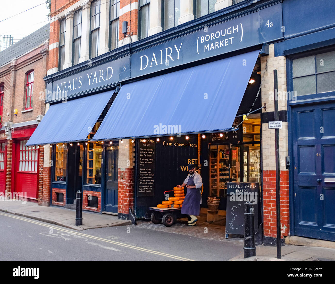 Views around Borough Market in London UK - Neal's Yard Dairy shop famous for selling cheese Stock Photo