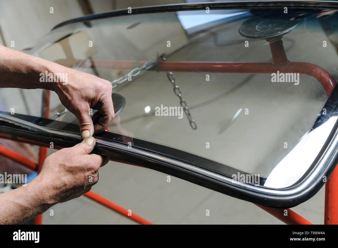 Car mechanic's hands are instilling decorative molding to seal of a