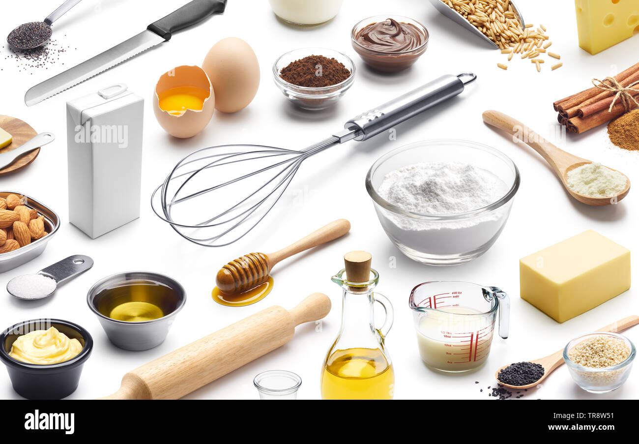 Isometric presentation of baking ingredients over white background Stock Photo